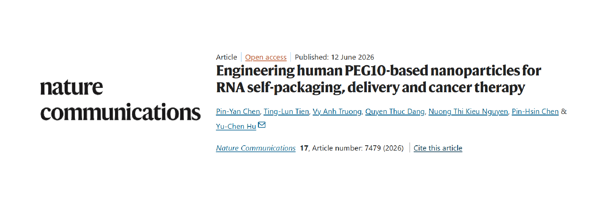 HIGHLIGHT | Professor Yu-Chen Hu's Team (Chemical Engineering) Develops a Programmable RNA Platform for Targeted Cancer Therapy!